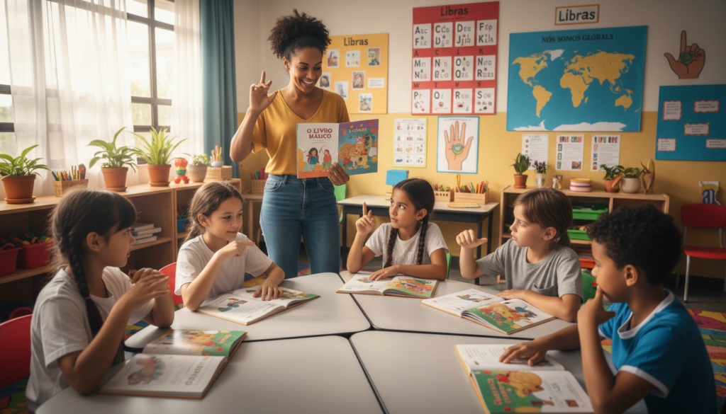 A vibrant classroom scene illustrating bilingual education for the deaf, featuring a diverse group of students engaged in learning. In the foreground, a teacher of color is demonstrating sign language (Libras) while holding a book in Portuguese, emphasizing the connection between the two languages. In the middle, students of various backgrounds—some using sign language, others reading from their books—appear focused and collaborative. The background showcases a colorful educational environment filled with visual aids such as posters of the alphabet in Libras and Portuguese. Natural light streams in from large windows, creating a warm and inviting atmosphere. The composition should be bright and motivational, capturing the essence of inclusive education. Aim for a dynamic angle, slightly tilted to draw the viewer's eye toward the interaction among students and the teacher, fostering a sense of community and engagement.