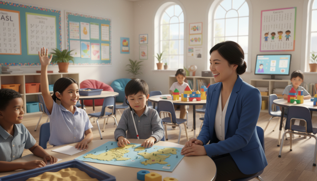 A vibrant classroom scene illustrating inclusive practices for diverse learners. In the foreground, a teacher of Asian descent, wearing professional business attire, is actively engaging with a group of students. One student, a girl with a hearing aid, raises her hand eagerly, while another boy with a visual impairment is using a tactile learning tool. The middle ground shows a bright classroom filled with colorful posters and various learning materials that cater to different needs. In the background, large windows allow natural light to flood the room, creating a warm and inviting atmosphere. The angle captures the interaction among the students and teacher, emphasizing collaboration and support. The mood is encouraging and dynamic, highlighting the joy of learning in an inclusive environment.