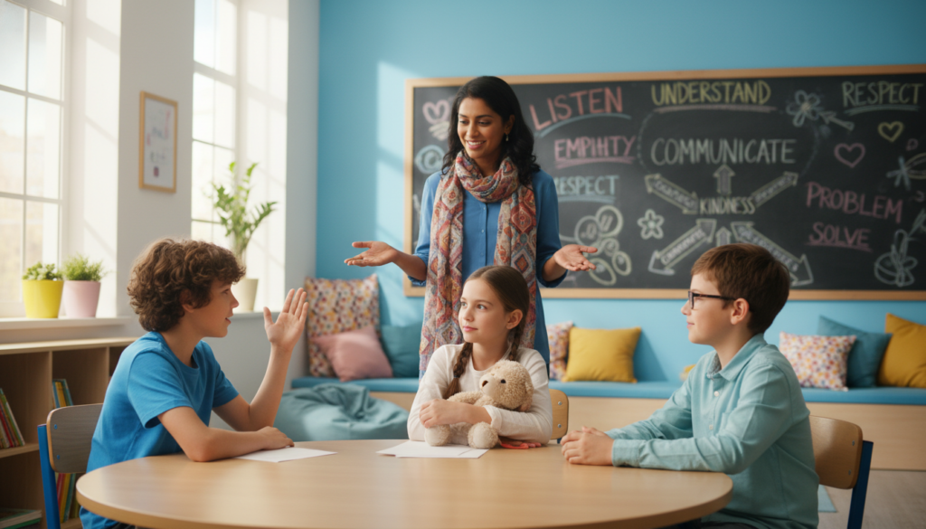 A vibrant classroom scene reflecting conflict mediation in socio-emotional education. In the foreground, a diverse group of students, two boys and a girl, engage in a respectful discussion while seated around a circular table, their expressions showing understanding and empathy. In the middle ground, a compassionate teacher facilitates the conversation, using gestures to guide the dialogue. The background features a colorful chalkboard filled with positive affirmations and a cozy reading nook with soft cushions. The room is well-lit with natural sunlight streaming through large windows, creating a warm and inviting atmosphere. The overall mood is encouraging and collaborative, highlighting the importance of emotional learning in reducing bullying in schools. A vibrant classroom scene reflecting conflict mediation in socio-emotional education. In the foreground, a diverse group of students, two boys and a girl, engage in a respectful discussion while seated around a circular table, their expressions showing understanding and empathy. In the middle ground, a compassionate teacher facilitates the conversation, using gestures to guide the dialogue. The background features a colorful chalkboard filled with positive affirmations and a cozy reading nook with soft cushions. The room is well-lit with natural sunlight streaming through large windows, creating a warm and inviting atmosphere. The overall mood is encouraging and collaborative, highlighting the importance of emotional learning in reducing bullying in schools.