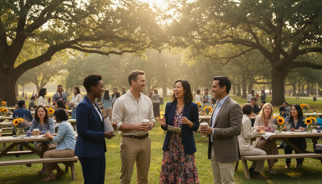 A vibrant community scene depicting a diverse group of individuals engaging in meaningful conversations in a park setting. In the foreground, a multiracial group of people, dressed in professional business attire and modest casual clothing, passionately discuss ideas while sharing smiles and laughter. The middle ground features trees and picnic tables adorned with flowers, enhancing the sense of connection. In the background, soft sunlight filters through the leaves, casting a warm glow and creating a serene atmosphere. The scene captures a spirit of collaboration and unity, illustrating the importance of building connections with others on a journey of inspiration. The composition is framed with a wide-angle lens to emphasize the communal interaction, evoking feelings of warmth and togetherness.