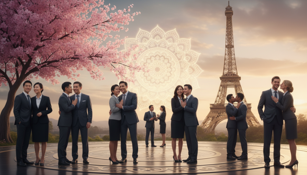 A vibrant, culturally rich depiction illustrating the significance of a kiss across different cultures. In the foreground, several pairs of individuals from diverse ethnic backgrounds share gentle kisses on the cheeks, symbolizing affection and friendship. They are dressed in professional business attire, reflecting a respectful atmosphere. In the middle ground, iconic cultural symbols like a Japanese cherry blossom tree, Indian mandalas, and a French Eiffel Tower create a diverse backdrop representing various customs associated with kissing. The background features soft, warm lighting that evokes a sense of intimacy and connection. Utilize a slightly elevated angle to capture the diverse interactions, focusing on the expressions of warmth and love among the individuals, creating a harmonious and celebratory mood.