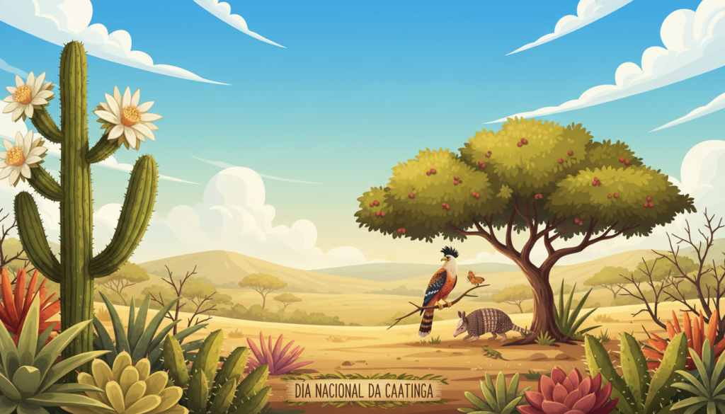 A vibrant representation of the caatinga biome during the celebration of Dia Nacional da Caatinga. In the foreground, showcase a beautiful array of native caatinga flora, such as the flowering mandacaru cactus and resilient juazeiro trees, highlighting their unique adaptations. In the middle ground, depict local wildlife, like the colorful cara-cara bird and a curious three-banded armadillo, interacting harmoniously with nature. The background should feature rolling hills typical of the caatinga, under a bright blue sky with fluffy white clouds, suggesting a warm, sunny day. Use warm lighting to create a welcoming atmosphere, capturing the spirit of the occasion. The composition should evoke a sense of appreciation for this unique Brazilian biome, showcasing its beauty and ecological significance.