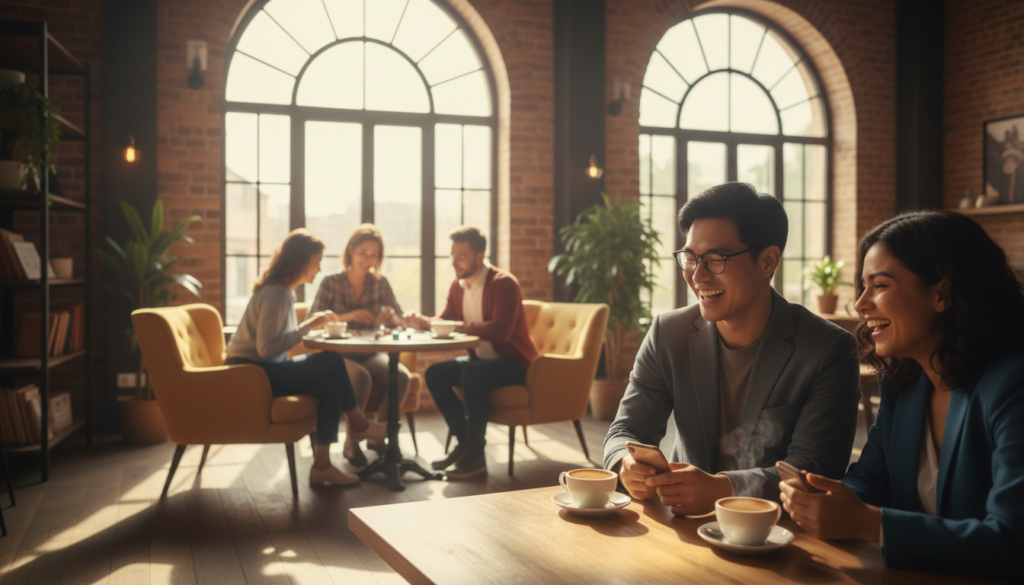 A vibrant scene depicting a diverse group of people engaged in deep conversation and laughter, emphasizing the importance of healthy relationships and emotional well-being. In the foreground, a diverse trio of young adults—one Black woman, one Asian man, and one Hispanic woman—share a heartfelt moment over coffee, dressed in casual business attire. In the middle ground, additional friends are gathered, participating in light-hearted activities like playing board games and enjoying each other's company in a cozy, inviting café. The background features warm, soft natural lighting filtering through large windows, casting gentle shadows that create a comforting atmosphere. The overall mood should be bright and uplifting, capturing the essence of supportive social circles and their impact on personal growth and well-being.