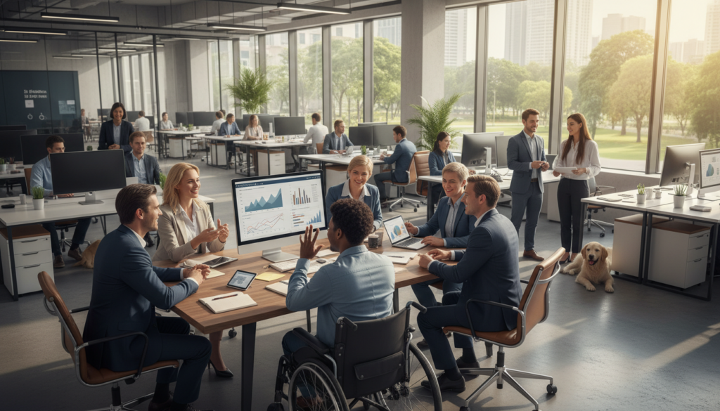 A vibrant scene illustrating a diverse workplace promoting inclusion for people with special needs. In the foreground, a professional-looking group of individuals, including a wheelchair user and a person using sign language, engage in a collaborative discussion around a large conference table, all dressed in business attire. In the middle, an open office layout showcases employees working together, with modern desks and technology, highlighting teamwork and support. The background features large windows allowing natural light to flood the space, creating an inviting atmosphere; greenery can be seen outside. The lighting is bright and warm, enhancing a positive mood of empowerment and diversity, captured from a slight low-angle perspective to emphasize the dynamic environment.