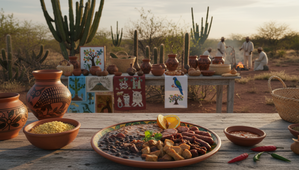 A vibrant scene showcasing the culture of the Caatinga biome in Brazil, featuring traditional food such as a colorful plate of feijoada with typical ingredients like beans, meats, and spices in the foreground. In the middle, a rustic wooden table adorned with crafts and artwork inspired by the local fauna and flora, with a backdrop of the arid landscape characteristic of the Caatinga, showcasing its unique cacti and thorny vegetation. Soft, golden hour lighting bathes the scene, casting gentle shadows, with a slight depth of field to emphasize the foreground details. The overall mood is warm and inviting, reflecting the rich traditions and daily life of the Caatinga inhabitants, conveying a sense of community and heritage.