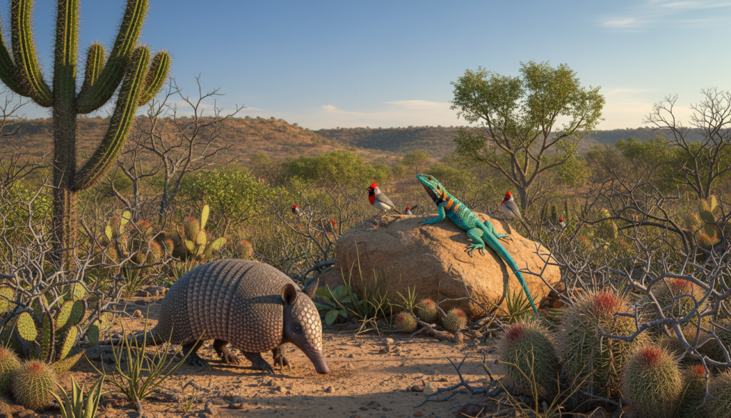 A vibrant scene showcasing the unique fauna of the Caatinga biome in Brazil. In the foreground, depict a curious armadillo with a natural pose, surrounded by typical vegetation such as cacti and thorny shrubs. In the middle ground, include an agile, colorful lizard basking on a sunlit rock and a flock of small, bright birds perched nearby. The background features a distant view of rolling hills with sparse trees under a clear blue sky, capturing the essence of the arid landscape. Utilize soft, warm lighting to evoke a serene atmosphere, highlighting the organic colors and textures. The angle should be slightly elevated, offering a comprehensive view of this rich ecological tapestry.