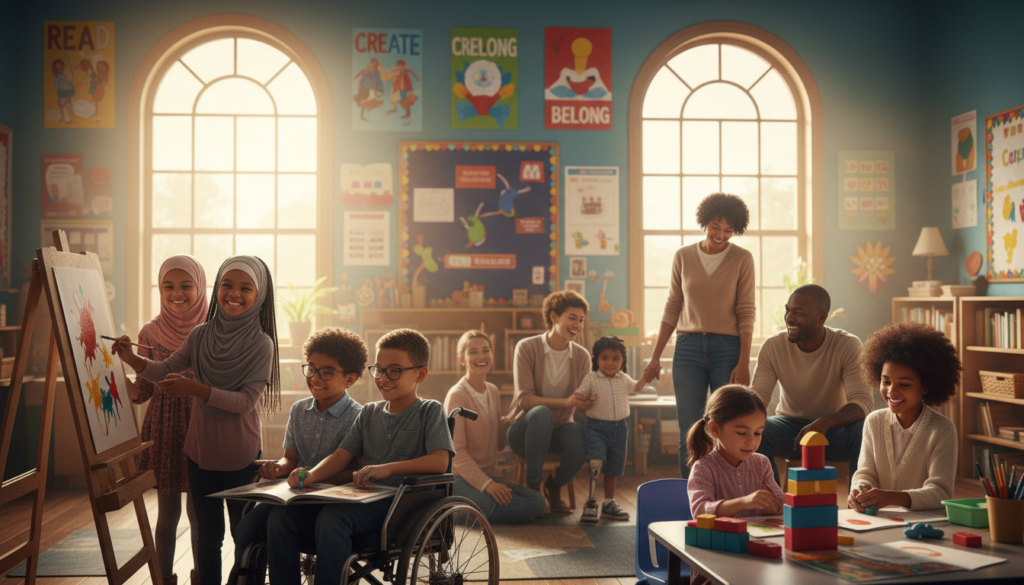 A vibrant school environment showcasing inclusion and diversity, with a focus on various family configurations. In the foreground, a diverse group of children of different ethnicities joyfully engage in collaborative activities, such as painting and reading together. The middle ground features supportive parents, including a same-sex couple and a single parent, attentively encouraging their children, all wearing casual yet respectful clothing. In the background, a bright classroom filled with educational posters and large windows letting in warm, natural light. The atmosphere is warm and inviting, highlighting a sense of community and cooperation. The image should capture the essence of familial support in an educational setting, promoting unity and respect among diverse family units. Use a wide-angle lens to create depth, giving an expansive view of the inclusive environment.