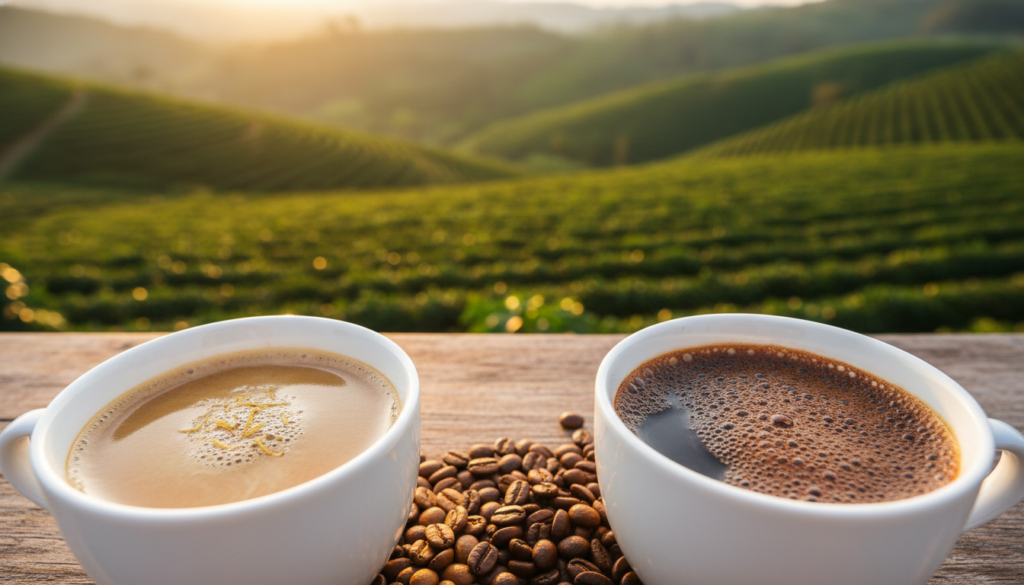 A visually striking composition illustrating the differences between Arabica and Robusta coffee. In the foreground, two coffee cups side by side: one filled with smooth, creamy Arabica coffee adorned with subtle floral notes, and the other with a darker, more robust brew of Robusta, featuring a thicker crema. In the middle ground, fresh coffee beans from both varieties are scattered artistically; Arabica beans are lighter and more oval-shaped, while Robusta beans are rounder and darker. The background showcases a blurred coffee plantation setting, hinting at lush green hills and coffee plants under soft, warm sunlight. The atmosphere should feel inviting and rich, capturing the essence of coffee culture. Use a macro lens to emphasize textures and colors, focusing on the contrast between the two types.