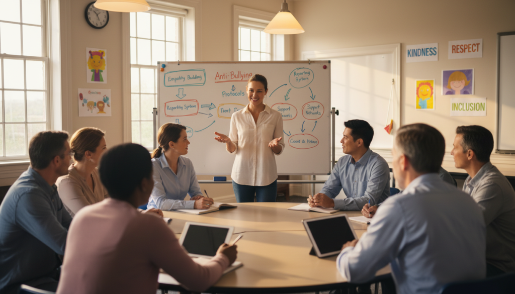A warm and engaging school meeting scene where diverse families and educators collaborate on anti-bullying strategies. In the foreground, a mixed group of parents—of different ages and ethnicities—are engaged in a discussion, some writing notes, while a teacher facilitates the conversation. In the middle, a large whiteboard displays colorful charts and diagrams outlining anti-bullying protocols. The background features a well-lit classroom with posters promoting kindness and respect. Soft, ambient lighting creates an inviting atmosphere, emphasizing teamwork and support. Capture the essence of partnership and community, highlighting the importance of family involvement in creating a safer school environment. The image should convey optimism and collaboration without any text or distractions. A warm and engaging school meeting scene where diverse families and educators collaborate on anti-bullying strategies. In the foreground, a mixed group of parents—of different ages and ethnicities—are engaged in a discussion, some writing notes, while a teacher facilitates the conversation. In the middle, a large whiteboard displays colorful charts and diagrams outlining anti-bullying protocols. The background features a well-lit classroom with posters promoting kindness and respect. Soft, ambient lighting creates an inviting atmosphere, emphasizing teamwork and support. Capture the essence of partnership and community, highlighting the importance of family involvement in creating a safer school environment. The image should convey optimism and collaboration without any text or distractions.