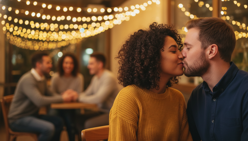 A warm and intimate scene depicting the impact of a kiss on relationships. In the foreground, a diverse couple leans in for a gentle kiss, their expressions radiating love and affection. They are dressed in smart casual attire, suggesting warmth and approachability. The middle ground features a softly lit, cozy café setting, with blurred silhouettes of other couples enjoying each other’s company, symbolizing shared moments and connection. In the background, softly glowing string lights create a dreamy atmosphere, enhancing the romantic vibe. The lighting is warm and inviting, casting a gentle glow on the couple’s faces. The image captures the essence of closeness, intimacy, and emotional bonds created by a simple kiss, evoking feelings of love and harmony.