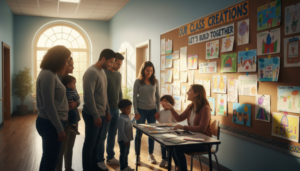 A warm and inviting scene depicting a family meeting in a brightly lit school environment. In the foreground, a diverse group of families, dressed in modest casual clothing, warmly engage with a smiling teacher, who is explaining educational resources. In the middle ground, a colorful wall displays art created by students, emphasizing collaboration and communication. The background features large windows allowing natural light to flood the room, creating a cheerful atmosphere. The angle captures the interaction between families and educators, illustrating a strong connection and open dialogue. The mood is positive and encouraging, highlighting the importance of collaboration in education.