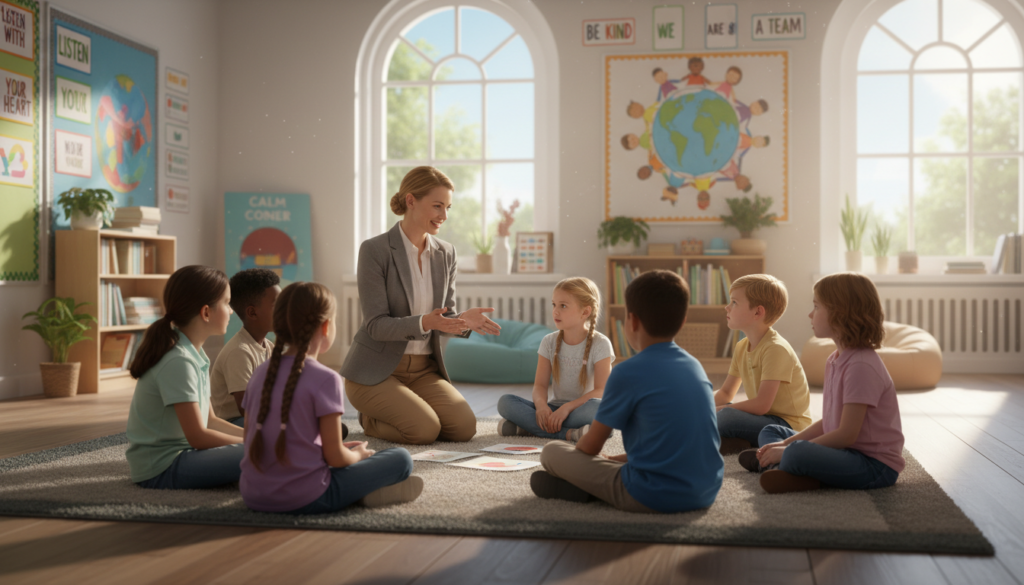 A warm and inviting school environment depicting active listening and effective support channels. In the foreground, a teacher in professional attire kneels down to engage with a diverse group of students, showcasing empathy and understanding. The children, representing various backgrounds, sit in a circle, attentively sharing their thoughts and feelings, their expressions reflecting openness and trust. In the middle ground, colorful classroom decor enhances the sense of safety and acceptance, including posters promoting kindness and respect. In the background, soft, natural light filters through large windows, creating a serene atmosphere. The composition invites a sense of community and healing, with soft-focus details adding warmth and approachability, evoking a positive and supportive mood. A warm and inviting school environment depicting active listening and effective support channels. In the foreground, a teacher in professional attire kneels down to engage with a diverse group of students, showcasing empathy and understanding. The children, representing various backgrounds, sit in a circle, attentively sharing their thoughts and feelings, their expressions reflecting openness and trust. In the middle ground, colorful classroom decor enhances the sense of safety and acceptance, including posters promoting kindness and respect. In the background, soft, natural light filters through large windows, creating a serene atmosphere. The composition invites a sense of community and healing, with soft-focus details adding warmth and approachability, evoking a positive and supportive mood.