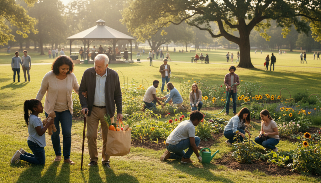 A warm, compassion-filled scene depicting active compassion in a community setting. In the foreground, a diverse group of individuals, including a middle-aged woman helping an elderly man with groceries, and a young person comforting a child, all dressed in modest casual clothing. In the middle, a community garden with people planting and nurturing flowers, symbolizing growth and care. In the background, a sunlit park with trees casting gentle shadows, creating an inviting atmosphere. The lighting is soft and golden, reminiscent of late afternoon sunlight, enhancing a mood of warmth and togetherness. The angle captures both the intimate moments of interaction and the wider sense of community engagement, celebrating the theme of transforming empathy into meaningful action.