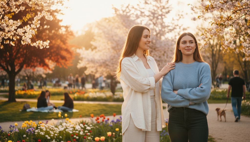 A warm scene showcasing two friends standing together in a park during golden hour, conveying a sense of friendship and self-worth. In the foreground, one friend, a young woman in modest casual clothing, offers a comforting hand on the shoulder of another woman who looks reflective yet appreciative, both smiling. In the middle ground, colorful trees and blooming flowers create a vibrant atmosphere, emphasizing growth and positivity. In the background, a soft-focus view of people enjoying the park adds to the sense of community. The lighting is warm and inviting, with soft sunlight filtering through the leaves, casting gentle shadows. The mood is uplifted and encouraging, signifying how true friends uplift one another during times of self-doubt.