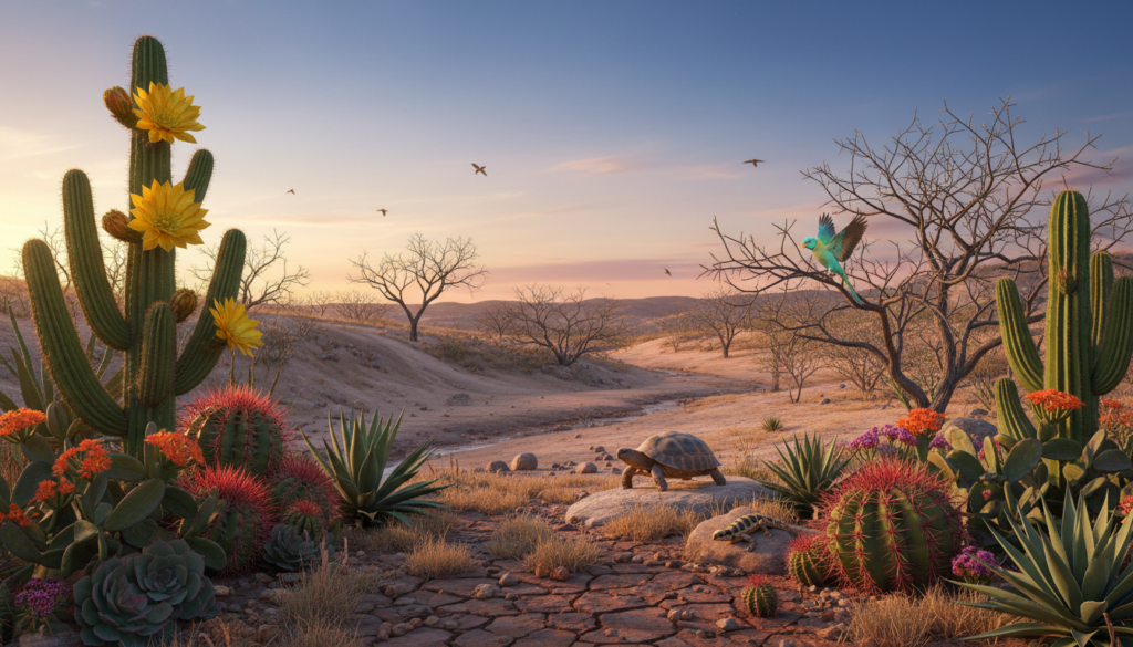 An expansive view of the Caatinga biome in Brazil, showcasing its unique biodiversity. In the foreground, display vibrant plants with thick, succulent leaves and colorful flowers, including the striking yellow blossoming of the Mandacaru cactus. In the middle ground, illustrate various animal species native to the region, such as the Brazilian Tortoise, a Lizard, and a brightly colored bird like the Blue-crowned Parakeet, interacting naturally within their habitat. The background should feature the characteristic arid landscape, with dry, cracked earth and sparse vegetation under a clear blue sky. Lighting should be warm and inviting, capturing the golden hues of the setting sun. Create a tranquil yet vibrant atmosphere, emphasizing the richness of life within this unique ecosystem.