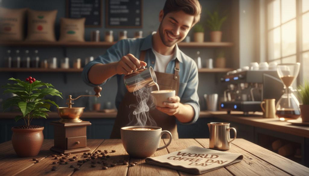 An inviting coffee scene representing "World Coffee Day," focusing on the significance of this celebration. In the foreground, a steaming cup of coffee sits on a rustic wooden table, surrounded by coffee beans, a small potted coffee plant, and an elegant, vintage coffee grinder. In the middle, a joyful barista in a smart casual outfit prepares a latte art masterpiece, showcasing skill and passion for coffee. The background features a soft, warm café ambiance with shelves of coffee bags and brewing equipment, illuminated by gentle, golden lighting that creates a cozy atmosphere. The overall mood is celebratory and warm, inviting viewers to appreciate the love and culture surrounding coffee. Deep focus with a slight bokeh effect in the background highlights the foreground elements.