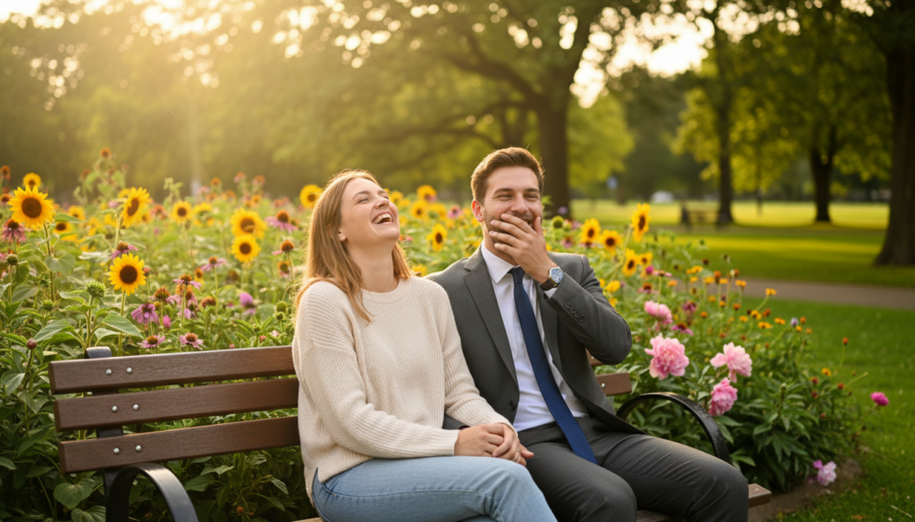 In a serene park setting filled with lush greenery, two friends share a heartfelt moment on a sunlit bench, conveying the essence of emotional health through genuine connection. The foreground features these friends, a woman in a modest casual outfit and a man in smart business attire, laughing together with warm smiles. The middle of the image depicts vibrant flowers and soft grass, symbolizing growth and positivity. In the background, the sun filters through the trees, casting gentle rays of golden light that create a peaceful yet uplifting atmosphere. The image captures the joy of true friendship and its transformative power, enhancing the overall mood of harmony and emotional well-being. Soft bokeh effects highlight the subjects, giving a sense of warmth and intimacy.