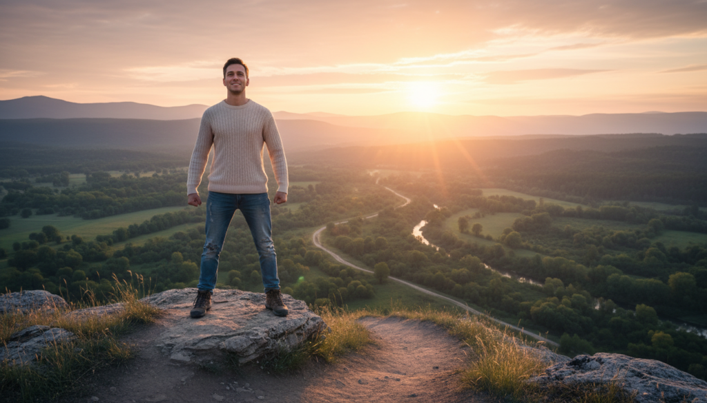 A brave individual standing at the edge of a cliff, overlooking a vast landscape that symbolizes new beginnings. The foreground features the person, dressed in modest casual clothing, with an expression of determination and courage. The middle ground displays a winding path that leads into a lush valley, representing the journey of overcoming fears and believing in one’s worth. In the background, a bright sunrise casts a warm glow, signifying hope and transformation. Use soft lighting to create an uplifting atmosphere, highlighting the figure against the vibrant colors of the sky. The perspective is slightly elevated, capturing both the individual and the expansive view, evoking a sense of adventure and possibility.