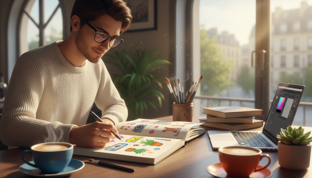 A bright and inspiring scene depicting a young professional in a cozy, sunlit café, deeply engrossed in a sketchbook filled with colorful illustrations of various hobbies and interests. In the foreground, the individual, dressed in smart casual attire, leans over the table, surrounded by vibrant coffee cups and plants. The middle ground features an array of creative items like paintbrushes, books, and a laptop, symbolizing exploration of passions. The background showcases large windows letting in warm golden light, with greenery outside, creating a tranquil atmosphere. The overall mood is one of inspiration and self-discovery, with a focus on creativity and personal growth.