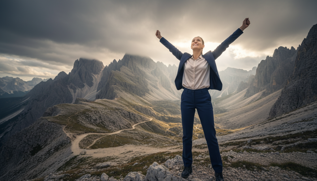 A determined young woman in professional attire stands confidently at the forefront of the image, her arms raised in triumph against a backdrop of towering mountains, symbolizing overcoming obstacles. In the middle ground, a rugged path winds through rocky terrain, illustrating the journey of resilience, while subtle rays of sunlight break through dark clouds above, casting a warm glow on the scene. The atmosphere is one of hope and empowerment, inviting viewers to envision their own strength in difficult times. The angle is slightly low, emphasizing the woman’s stature against the vast landscape. The lighting is dynamic, with contrasts between shadows and light, enhancing the feeling of struggle and eventual victory.