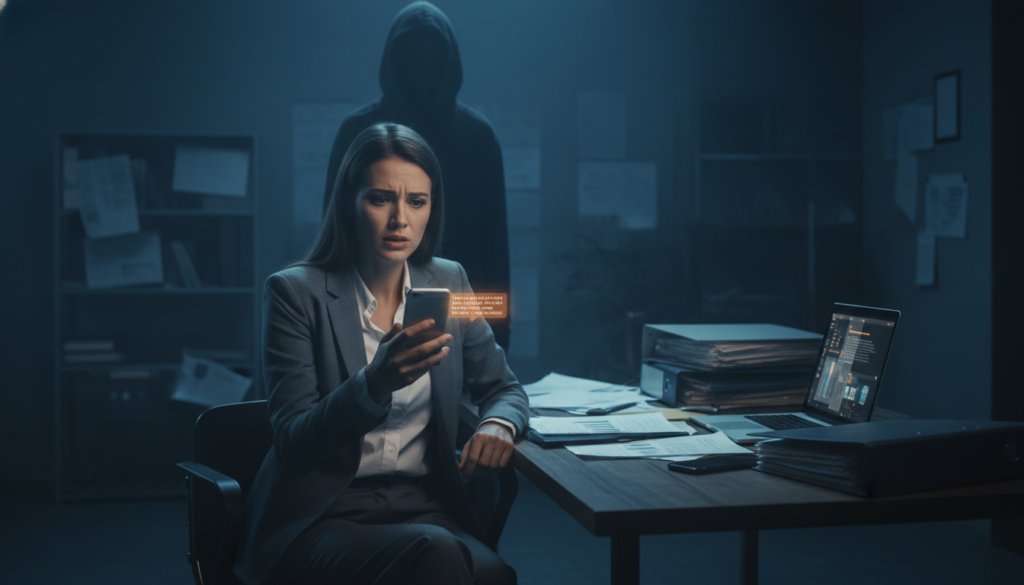 A dimly lit office setting conveys a sense of unease and tension. In the foreground, a professional woman, dressed in modest business attire, appears distressed as she sits at her desk, glancing nervously at a phone displaying a text message. In the middle, a shadowy figure lurks behind her, representing intrusion and loss of privacy—its features are obscured, embodying the concept of a toxic presence. The background features blurred office elements, such as papers scattered and an open laptop, symbolizing chaos and disruption. Soft, harsh lighting casts dramatic shadows, enhancing the mood of suspense and discomfort, evoking a feeling of being watched or controlled, perfect for illustrating the theme of boundary violations and privacy invasion.
