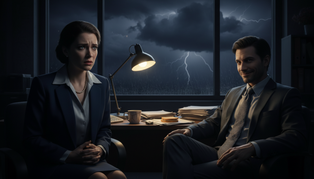 A dimly lit office setting featuring two people engaged in a conversation, conveying tension and unease. In the foreground, a woman, dressed in professional business attire, looks confused and slightly distressed, her eyes reflecting doubt. Across from her, a man in a tailored suit appears calm, his expression manipulative, with a hint of a smirk. The middle ground showcases a cluttered desk with scattered papers and a desk lamp casting a harsh light, creating shadows that symbolize the emotional turmoil of gaslighting. In the background, a window reveals a stormy sky, contributing to the overall mood of anxiety and discomfort. The atmosphere is thick with tension, evoking feelings of confusion and psychological struggle.