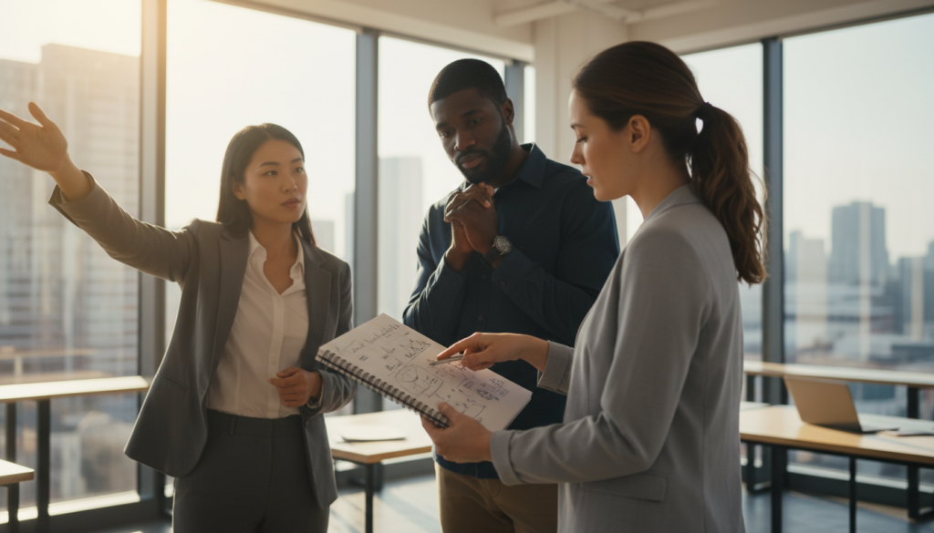 A diverse group of three individuals, a woman of Asian descent, a Black man, and a Caucasian woman, are standing together in a modern office environment, each engaged in an inspiring discussion. The woman on the left gestures confidently, symbolizing courage, while the man on the right listens intently, showcasing contemplation. The woman in the center holds a notebook, filled with ideas, illustrating the application of lessons learned. The background features large windows letting in warm natural light, casting a hopeful glow across the scene. The atmosphere is motivational, encouraging bravery and collaboration in the face of challenges. The composition is captured from a slightly low angle to enhance the subjects' presence and impact.