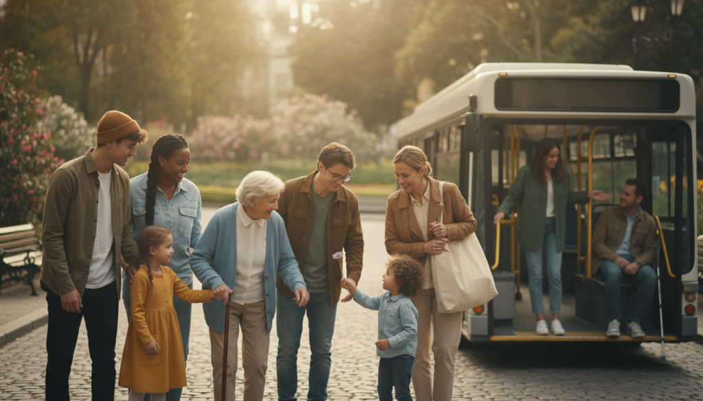 A heartwarming scene depicting everyday acts of kindness. In the foreground, a diverse group of people, dressed in modest casual clothing, share a joyful moment as they help an elderly person cross the street. A young child hands a flower to a stranger, while a woman offers her seat on a bus to someone in need. In the middle ground, a park setting with lush greenery and blooming flowers enhances the atmosphere of care and community. The background features soft sunlight filtering through tree leaves, casting a warm golden glow on the scene. The mood is uplifting and tender, capturing the essence of generosity and connection in daily life. Use a shallow depth of field to focus on the interactions, creating a sense of intimacy within the broader community setting.