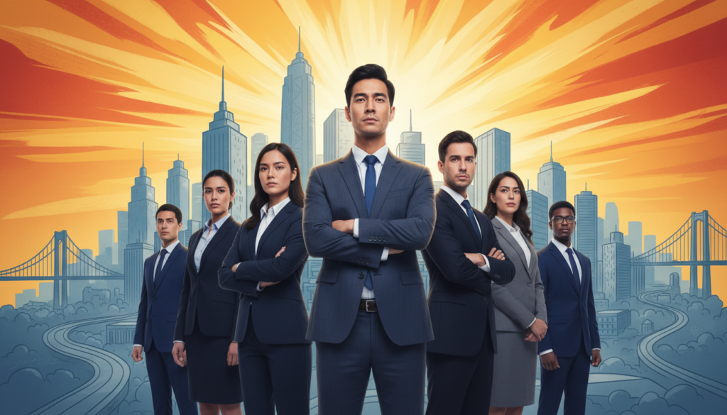 A powerful scene capturing the essence of courage. In the foreground, a diverse group of individuals stands confidently together, symbolizing unity and resilience. They are dressed in professional business attire, expressing determination through their expressions and body language. In the middle ground, an illustrated urban landscape represents obstacles—tall buildings and bridges—emphasizing challenges faced. The background fades into a dramatic sunset, casting warm golden and deep orange hues that evoke hope and bravery. The image is illuminated by soft, diffused lighting to create an inspiring atmosphere, shot from a slightly low angle to enhance the subjects’ prominence. Overall, the mood conveys empowerment and the transformative power of courageous choices.