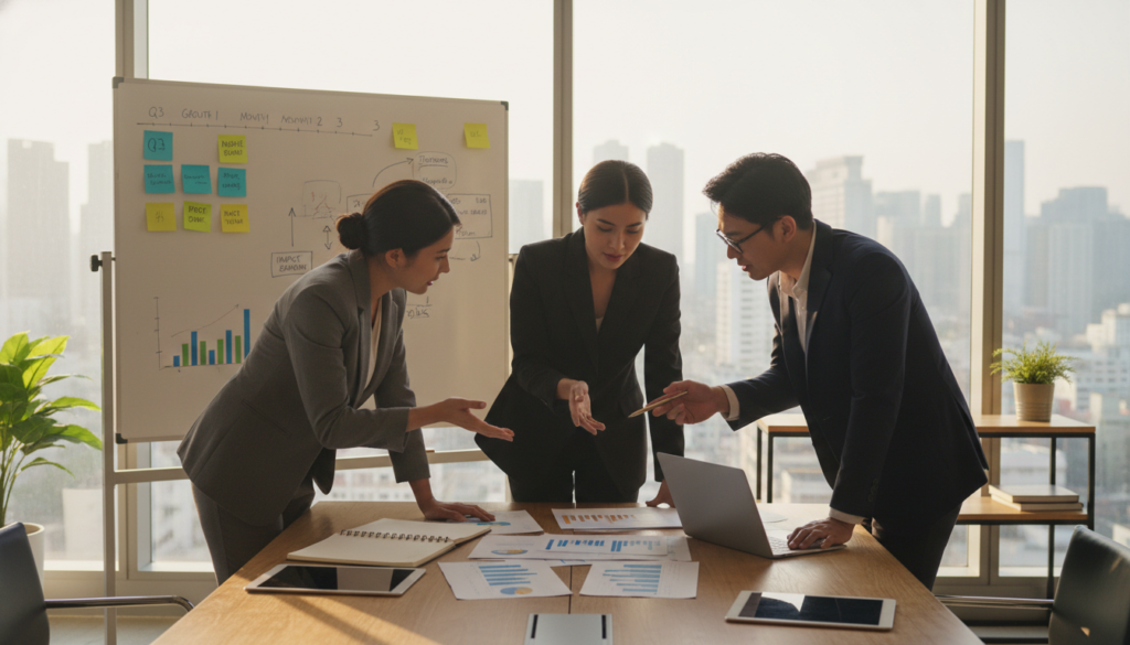 A professional setting focuses on goal-setting aligned with purpose. In the foreground, a diverse group of three individuals, dressed in smart business attire, collaborate around a large table filled with notebooks, charts, and digital devices displaying progress metrics. In the middle ground, an elegant whiteboard showcases colorful post-it notes with goal timelines and inspiring phrases. The background features a large window allowing soft, natural daylight to flood the room, casting gentle shadows that enhance the atmosphere of motivation and focus. The overall mood is one of professionalism and determination, demonstrating an engaging environment where clear, aligned goals are established. The image should convey a sense of teamwork and purpose, emphasizing clarity and inspiration without any text or distractions.