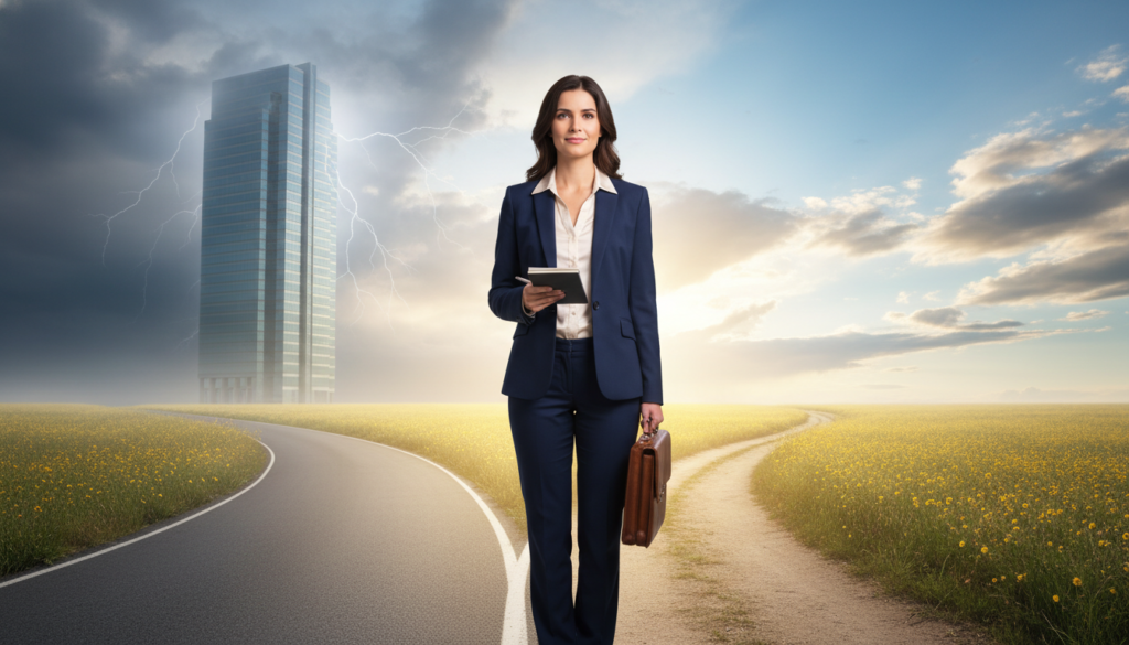 A professional woman standing confidently at a crossroads, symbolizing the decision to change careers amid a crisis. In the foreground, she is dressed in smart business attire, holding a briefcase in one hand and a notepad in the other, with determination on her face. The middle ground features two distinct paths: one leading to a corporate office building with a slight haze implying uncertainty, and the other direction showing an open field bathed in warm sunlight, representing new opportunities. The background includes a dramatic sky transitioning from stormy clouds to clear blue, symbolizing overcoming challenges. Soft, motivational lighting highlights her figure, creating a hopeful and empowering atmosphere as she gazes toward her future choices. The scene is shot from a low angle to emphasize her strength and resolve.