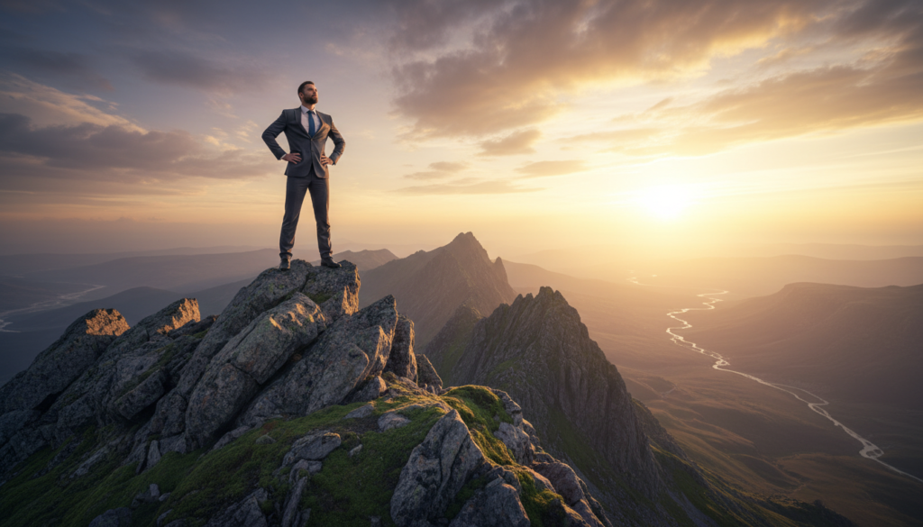 A resilient individual in professional attire, standing at the peak of a rugged mountain, symbolizing triumph over life's challenges. In the foreground, capture their determined expression as they gaze over a vast valley below, which represents the obstacles they've overcome. The middle ground features rocky slopes, interspersed with patches of greenery, illustrating the journey taken. In the background, a radiant sunrise casts golden light across the landscape, illuminating the scene with warmth and hope. The atmosphere should convey a sense of achievement and inspiration, with soft, dynamic clouds in the sky adding depth. The angle should be slightly low, emphasizing the height of the mountain and the hero’s achievement as they stand proudly, embodying purpose and resilience.