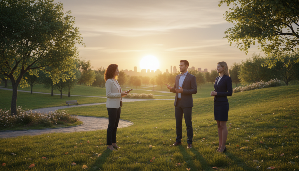 A serene and balanced scene depicting the concept of personal boundaries in healthy relationships. In the foreground, a diverse group of two women and one man, dressed in professional business attire, are engaged in a thoughtful discussion, each maintaining a comfortable distance while expressing their views. The middle ground shows a peaceful park setting with soft greenery, symbolizing growth and emotional space. In the background, the sun is setting, casting a warm, golden hue that conveys a sense of tranquility and positivity. The lighting is soft yet vibrant, emphasizing the harmony in their interaction. The overall atmosphere feels calm, supportive, and uplifting, with a subtle focus on personal empowerment and emotional health.