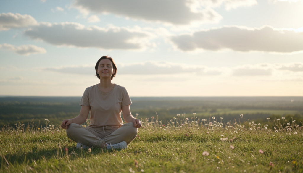 A serene and contemplative scene depicting a person in a peaceful outdoor setting, deeply engaged in self-reflection. In the foreground, a thoughtful individual, dressed in modest casual clothing, sits cross-legged on a grassy hill, with a gentle smile, eyes closed, embodying tranquility and introspection. The middle ground features soft, blooming wildflowers swaying in a gentle breeze, symbolizing growth and self-discovery. In the background, a picturesque landscape unfolds, showcasing rolling hills bathed in warm, golden sunlight, peeking through a few fluffy clouds. The atmosphere is calm and uplifting, enhanced by soft, diffused lighting that creates a sense of warmth and peace, perfect for fostering autoconhecimento and reflection. The image captures an overall mood of joy and serenity, inviting viewers to embrace their journey of self-exploration.