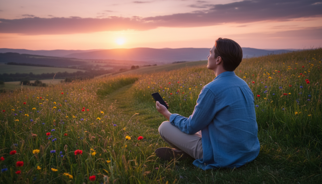 A serene and contemplative scene that embodies "Digital Disconnection." In the foreground, a person sitting cross-legged on a grassy hill, wearing modest casual clothing, gazes thoughtfully at a sunset, holding a turned-off smartphone in their hand. The middle ground features a gently winding path leading down the hill, lined with vibrant wildflowers and tall grasses that sway in the breeze. In the background, a tranquil landscape with soft, rolling hills fades into a warm-hued sky filled with pink, orange, and purple tones, illuminated by the soft glow of the setting sun. The lighting is warm and inviting, creating a calm and reflective atmosphere that emphasizes peace and the importance of stepping away from digital distractions.
