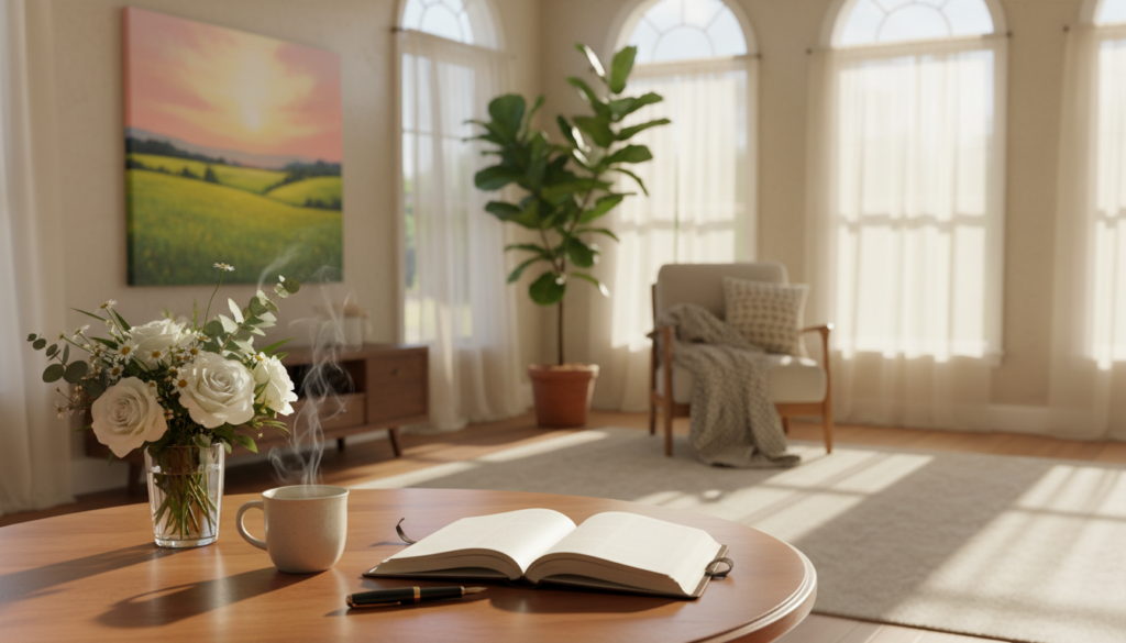 A serene and cozy indoor scene focused on the practice of gratitude. In the foreground, a warm wooden table is set with a journal and a pen, surrounded by fresh flowers and a steaming mug of herbal tea. The middle ground features a softly lit room with large windows, allowing golden sunlight to filter through sheer curtains, casting gentle shadows. In the background, a potted plant and a colorful canvas depicting a tranquil landscape enhance the comforting atmosphere. The mood is peaceful and reflective, capturing a sense of calm and mindfulness. Use natural, warm lighting to evoke a sense of happiness and contentment, inviting viewers to appreciate the beauty of daily gratitude rituals.