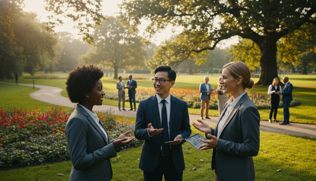 A serene and harmonious scene representing the concept of "alterity," showcasing a diverse group of people engaging in respectful dialogue. In the foreground, three individuals of different ethnic backgrounds, dressed in professional business attire, are closely interacting, exchanging ideas with open expressions of understanding and empathy. The middle ground features a lush park setting, symbolizing community and connection, with trees and flowers adding vibrant colors. In the background, soft sunlight filters through the leaves, creating a warm and inviting atmosphere, evoking feelings of togetherness and mutual respect. The perspective is slightly elevated, giving an expansive view of the scene. The overall mood is peaceful and reflective, encouraging a sense of human connection and consciousness.