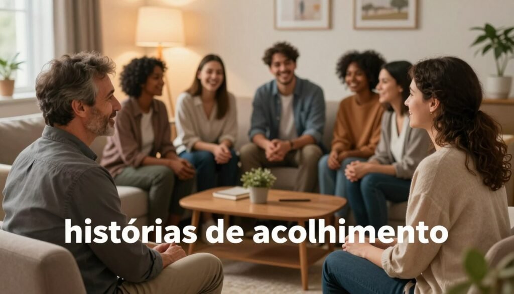 A serene and inspiring illustration of a diverse group of individuals engaged in heartfelt conversations, symbolizing the theme of "histórias de acolhimento." In the foreground, feature two people—a middle-aged man and a young woman—sitting on a cozy couch, engaged in an empathetic dialogue, both dressed in professional casual attire. In the middle ground, include a small group of friends gathered around a coffee table, sharing stories of support, laughter, and understanding. The background should feature a warm, inviting room with soft lighting emanating from a floor lamp, enhancing the atmosphere of comfort and connection. Opt for a slightly blurred depth of field to bring focus to the interactions, evoking feelings of warmth, compassion, and community. Capture the essence of human connection through a gently illuminated, intimate setting. A serene and inspiring illustration of a diverse group of individuals engaged in heartfelt conversations, symbolizing the theme of "histórias de acolhimento." In the foreground, feature two people—a middle-aged man and a young woman—sitting on a cozy couch, engaged in an empathetic dialogue, both dressed in professional casual attire. In the middle ground, include a small group of friends gathered around a coffee table, sharing stories of support, laughter, and understanding. The background should feature a warm, inviting room with soft lighting emanating from a floor lamp, enhancing the atmosphere of comfort and connection. Opt for a slightly blurred depth of field to bring focus to the interactions, evoking feelings of warmth, compassion, and community. Capture the essence of human connection through a gently illuminated, intimate setting.