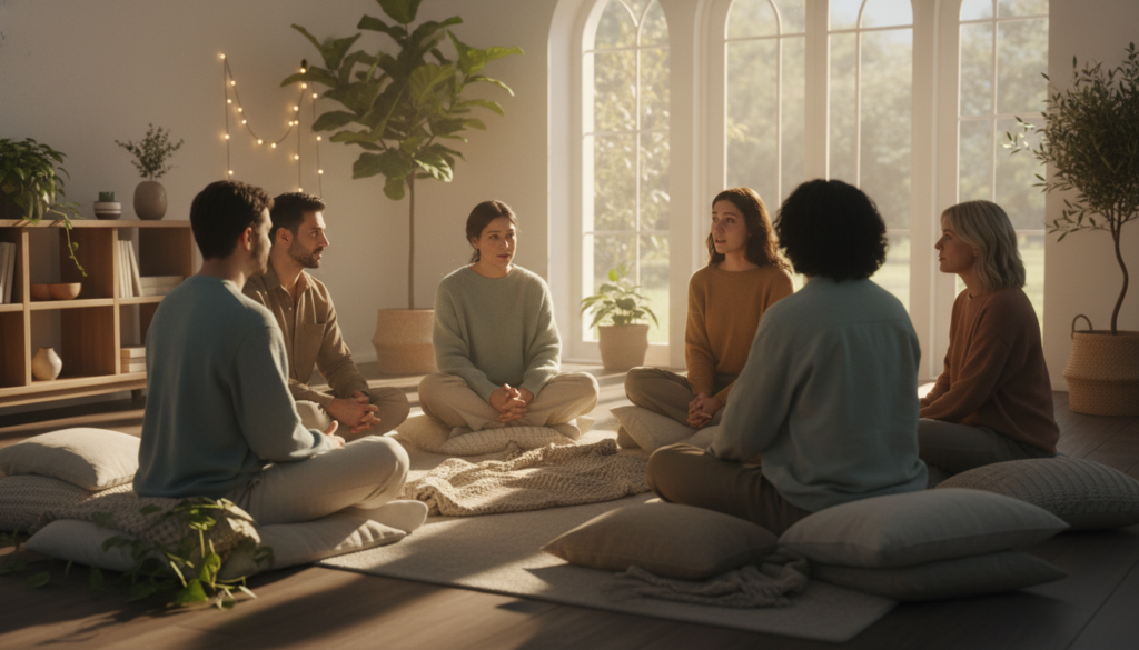 A serene and inviting scene depicting self-compassion and emotional validation in self-care. In the foreground, a diverse group of individuals, dressed in comfortable, modest clothing, engage in a supportive group discussion, sharing their emotions with empathetic expressions. In the middle ground, soft cushions and warm blankets create a cozy atmosphere, surrounded by plants that symbolize growth and healing. The background features a softly lit room with large windows allowing natural light to filter in, casting gentle shadows. The atmosphere is warm and nurturing, emphasizing connection and mindfulness. The overall mood is calm and uplifting, conveying a sense of safety and acceptance, ideal for promoting emotional well-being.