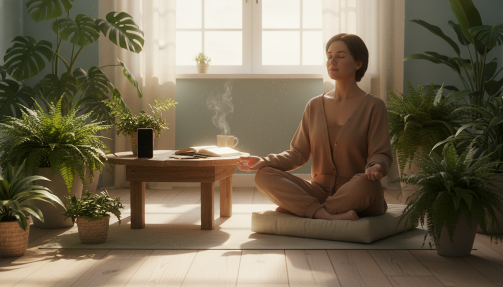 A serene and tranquil indoor scene illustrating digital detachment and mindfulness for emotional protection. In the foreground, a person comfortably seated in a cozy, softly lit space, dressed in modest casual clothing, is meditating with closed eyes, surrounded by lush green plants. In the middle ground, a wooden table holds a smartphone face down, symbolizing digital disconnection, alongside a journal and a steaming cup of herbal tea, highlighting self-care activities. The background features warm ambient light filtering through a window, casting gentle shadows and creating a calming atmosphere. The overall mood is peaceful and reflective, evoking a sense of balance and emotional well-being, encouraging viewers to embrace mindfulness and digital detachment for mental protection.