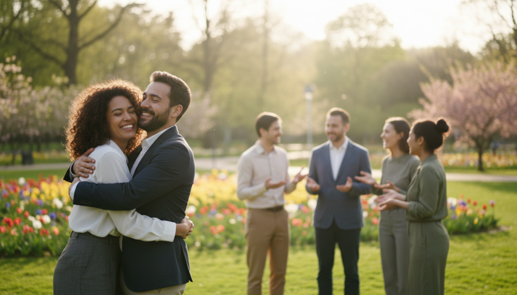 A serene and uplifting scene depicting a diverse group of individuals, dressed in professional business attire and modest casual clothing, gathered in a sunlit park. In the foreground, two friends share a warm embrace, radiating joy and hope. In the middle ground, a small circle of people engage in deep conversation, smiles on their faces, highlighting connection and support. The background features a soft-focus landscape of blooming flowers and green trees, bathed in golden hour light, creating an atmosphere of renewal and emotional well-being. The overall mood is one of positivity, hope, and the importance of uplifting relationships, with gentle, natural lighting that enhances the feeling of tranquility and warmth.