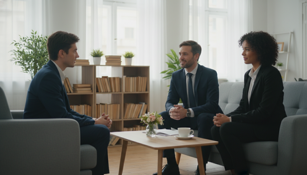 A serene indoor scene depicting a warm and inviting atmosphere filled with soft, natural light streaming through large windows. In the foreground, a diverse group of three individuals, dressed in professional business attire, are engaged in a heartfelt conversation, showcasing deep attention and presence. Their expressions are warm and genuine, radiating connection and empathy. In the middle ground, a coffee table is adorned with a small vase of flowers and a steaming cup of tea, symbolizing the shared moment. The background includes shelves filled with books and plants, creating a cozy and nurturing environment. The overall mood is one of compassion, understanding, and the power of human connection. The angle is slightly tilted, adding a dynamic feel to the scene while maintaining clarity.