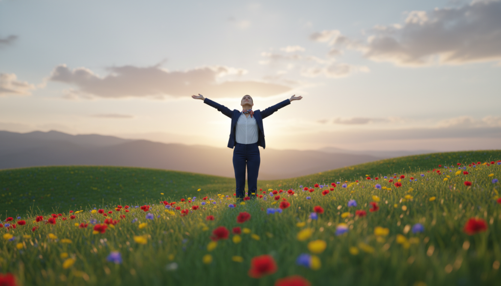 A serene landscape depicting a person standing atop a lush green hill, arms raised to the sky, symbolizing acceptance of change and embracing new beginnings. In the foreground, the figure, clad in professional business attire, exudes confidence and hope. The middle ground features vibrant wildflowers blooming, representing growth and positivity. In the background, a sunrise breaks over the horizon, casting warm golden and orange light across the scene, infusing the atmosphere with a sense of optimism. Soft, fluffy clouds float gently, suggesting dreams and aspirations. Capture this moment with a soft-focus effect to enhance the dreamlike quality while maintaining clarity on the figure and flowers. The overall mood is inspirational and uplifting, inviting viewers to contemplate transformation and the beauty of new opportunities.