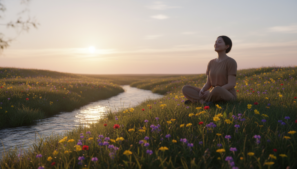A serene landscape depicting a tranquil moment of gratitude. In the foreground, a person sitting cross-legged on a soft, grassy hill, dressed in casual, comfortable clothing, with their eyes gently closed and a peaceful smile. The middle ground features colorful wildflowers and a small, sparkling stream reflecting sunlight. The background showcases a majestic sunrise, with warm hues of orange, pink, and gold spreading across a clear sky, symbolizing hope and new beginnings. Soft, diffused lighting illuminates the scene, creating a calming atmosphere. This image conveys the essence of cultivating gratitude, with a focus on inner peace and connection with nature, inspiring viewers to embrace a grateful perspective.