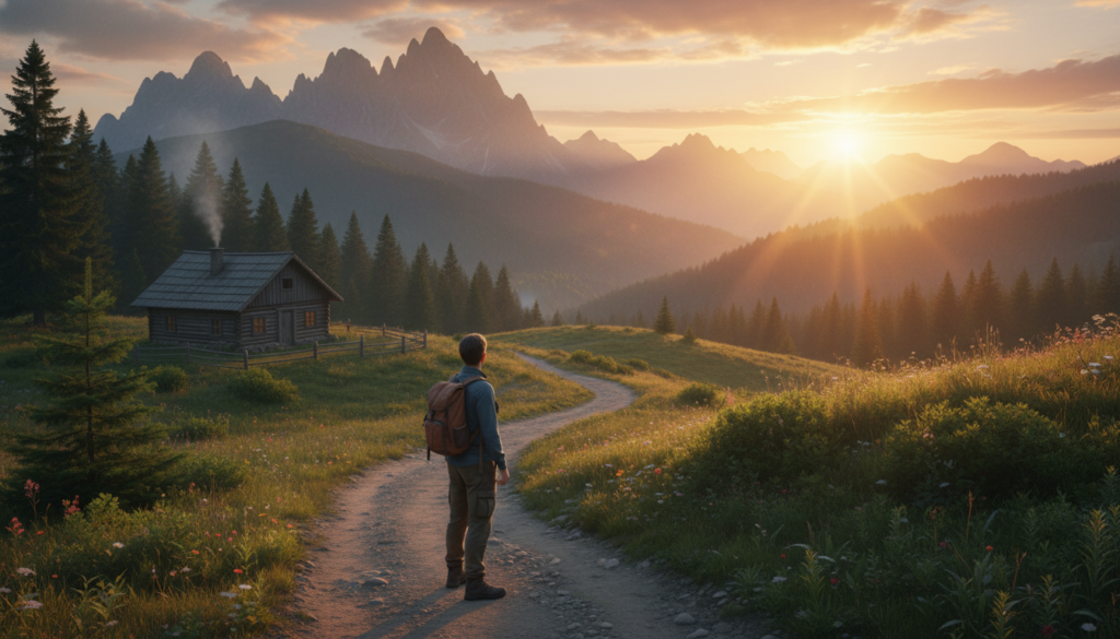 A serene landscape depicting a winding mountain path leading toward a vibrant sunrise, symbolizing the journey of relinquishing comfort for a greater purpose. In the foreground, a figure in modest casual attire, carrying a small backpack, stands confidently at the start of the path, gazing into the distance with determination. The middle ground features gentle slopes and lush greenery, contrasting the comfortable, sheltered life left behind, represented by a cozy cabin nestled among the trees. The background showcases majestic mountains bathed in warm, golden light, suggesting hope and newfound opportunities. The atmosphere is one of inspiration and courage, inviting viewers to reflect on transformative decisions. Use soft, natural lighting, and a wide-angle perspective to capture the expansiveness of the scene.