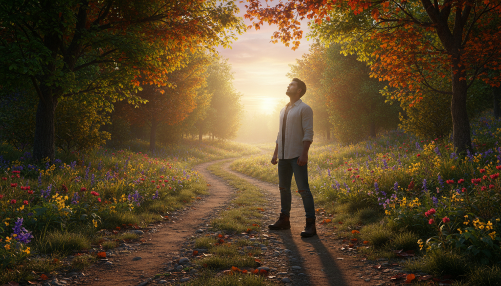 A serene landscape depicting a winding path leading through a forest of lush, vibrant trees, symbolizing personal growth and resilience. In the foreground, a determined individual, dressed in modest casual clothing, stands confidently at the start of the path, gazing upward towards the light filtering through the canopy, representing hope and faith. The middle ground features gentle hills and flowering plants, evoking a sense of progress and renewal. In the background, the sky is painted with warm hues of sunset, casting a hopeful glow over the scene. Use soft lighting to enhance the reflective and uplifting atmosphere, capturing a moment of contemplation and strength. The angle should be slightly low to emphasize the figure's journey ahead, inspiring viewers with a sense of encouragement and possibility.