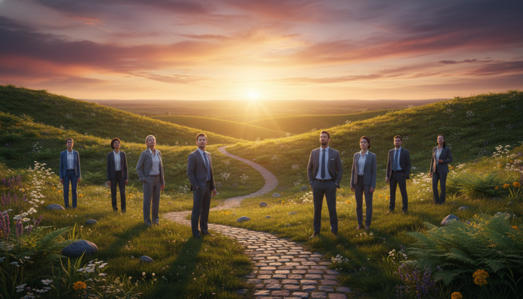 A serene landscape depicting personal growth and mental strength. In the foreground, a diverse group of individuals, dressed in professional business attire, stands confidently on a hilltop, gazing toward a bright horizon, symbolizing hope. In the middle ground, a winding path leads through lush greenery, representing the journey of transformation, with blooming flowers and small stones scattered along the way. The background features a sunset sky, painted in warm hues of orange and purple, casting a soft glow over the scene, evoking a sense of tranquility and inspiration. The lighting is warm, enhancing the uplifting mood, captured from a slightly elevated angle to emphasize the expansive view ahead, suggesting possibilities beyond challenges.