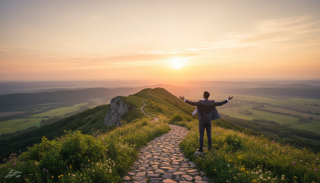 A serene landscape symbolizing liberation from the past and the dawn of a new beginning. In the foreground, a person in professional business attire stands on a mountain peak, gazing into the horizon with a thoughtful expression, symbolizing courage and introspection. Their arms are slightly raised, as if embracing the future. In the middle ground, a winding path leads down from the mountain toward a lush valley, representing the journey of forgiveness and letting go. The background features a vibrant sunrise, illuminating the sky with warm hues of orange and yellow, casting a golden glow over the landscape. Soft, diffused lighting enhances the mood of hope and renewal, while a wide-angle perspective captures the expansive beauty of the scene, inviting the viewer to feel inspired.