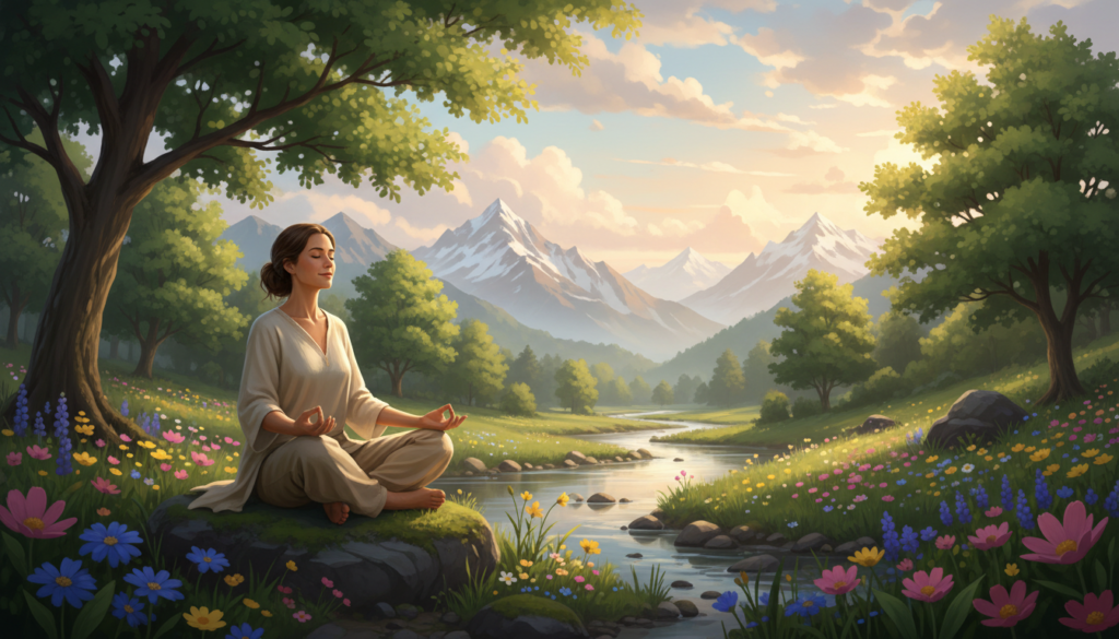 A serene landscape, with a peaceful figure seated in a meditative posture at the forefront, embodying spiritual resilience and inner peace. The figure, dressed in modest, casual clothing, is illuminated by gentle sunlight filtering through soft, fluffy clouds. Surrounding the figure, include vibrant green trees and blooming flowers, symbolizing growth and hope. In the middle ground, a calm river flows, reflecting the tranquil sky, while in the background, majestic mountains rise, creating a sense of stability and strength. The overall mood should evoke a deep sense of tranquility, patience, and hopefulness, with warm, soft lighting that enhances the feeling of spiritual awakening. The scene should inspire feelings of comfort, encouraging viewers to embrace patience while awaiting their miracles.