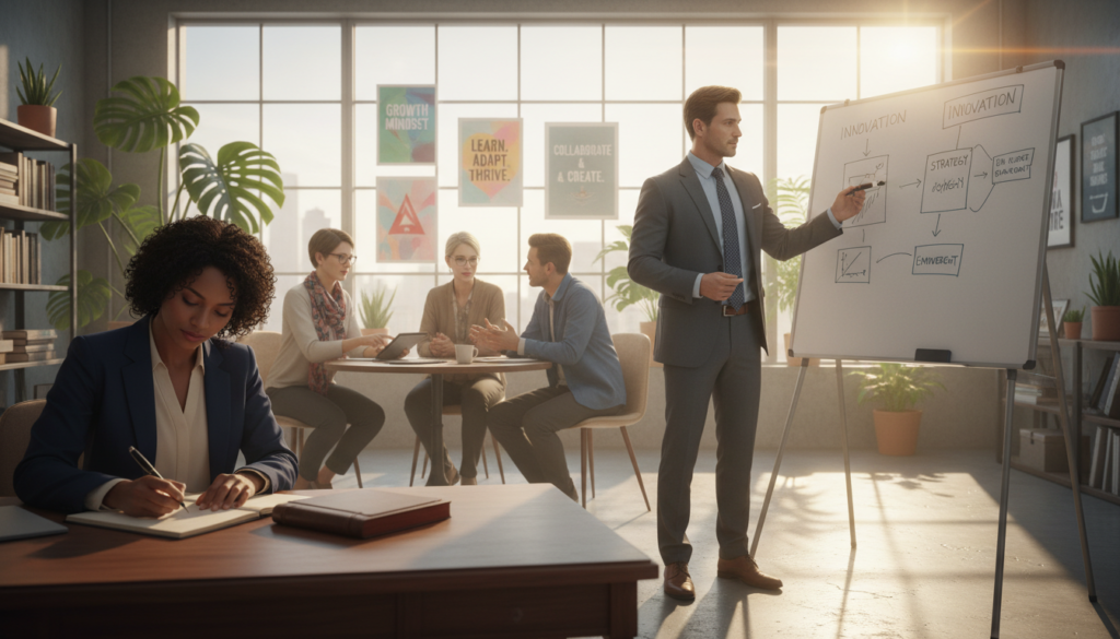 A serene office environment illustrating personal development, with a diverse group of professionals engaging in meaningful discussions. In the foreground, a woman in smart business attire is jotting down notes while a man in a suit presents ideas on a whiteboard. The middle ground features a small group of people collaborating, surrounded by motivational posters and plants, creating an inspiring atmosphere. In the background, large windows let in warm, natural light, brightening the scene. Soft shadows enhance the depth, and a subtle lens flare adds an uplifting vibe. The overall mood is one of growth, collaboration, and purpose, emphasizing the importance of development in the workplace.
